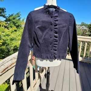 Navy Ruffle-Trim Bomber Jacket